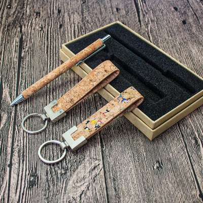 Executive Style Customized Fashion Natural Cork Pen Gift Set Click Nature Cork Barrel Ball Pen with cork keychain